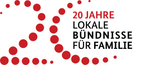 Die Zahl 20 ist über eine Darstellung mittels roter Punkte angedeutet. Der Schriftzug "20 Jahre Lokale Bündnisse für Familie" steht rechts daneben in schwarzer Schrift.