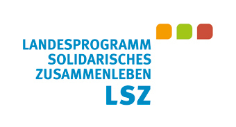 Schriftzug "Landesprogramm Solidarisches Zusammenleben LSZ" und drei keine Farbflächen (orange, grün und rot)
