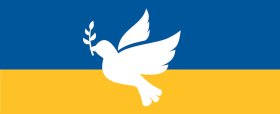 Silhouette einer Friedenstaube mit Zweig im Schnabel auf der ukrainischen Flagge mit einem blauem und einem gelbem Streifen