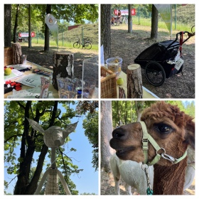 Bildcollage aus 4 Bildern: Ausstellungsstand mit verschiedenen Materialein zum Basteln, Alpakas, Kinderwagen im Wald und eine Tierskulptur